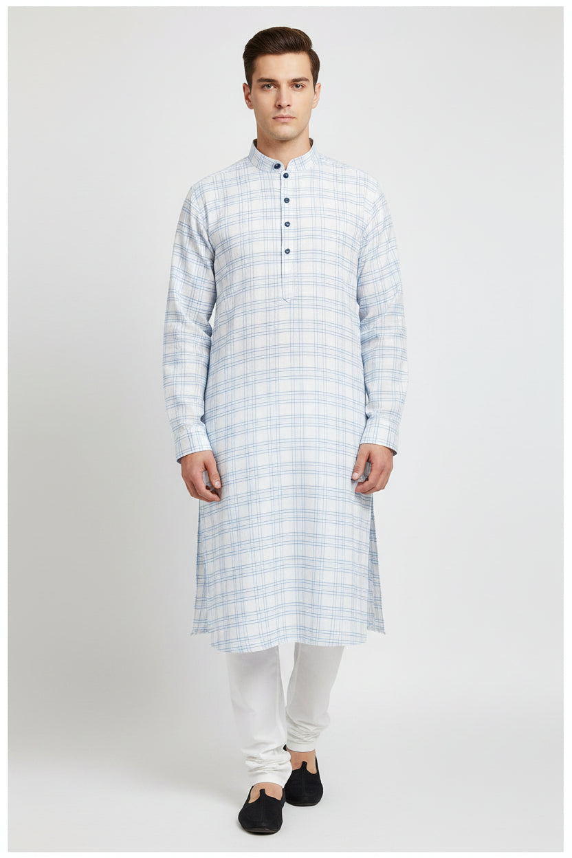 Sky blue Arvind Tresca Giza cotton check shirt fabric with a checkered pattern, ideal for custom shirts.