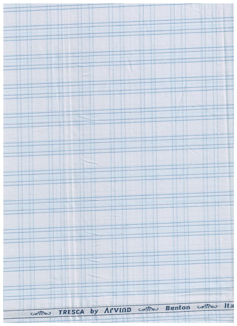 Sky blue Arvind Tresca Giza cotton shirt fabric with check pattern, showcasing a soft, woven textile ideal for shirts.