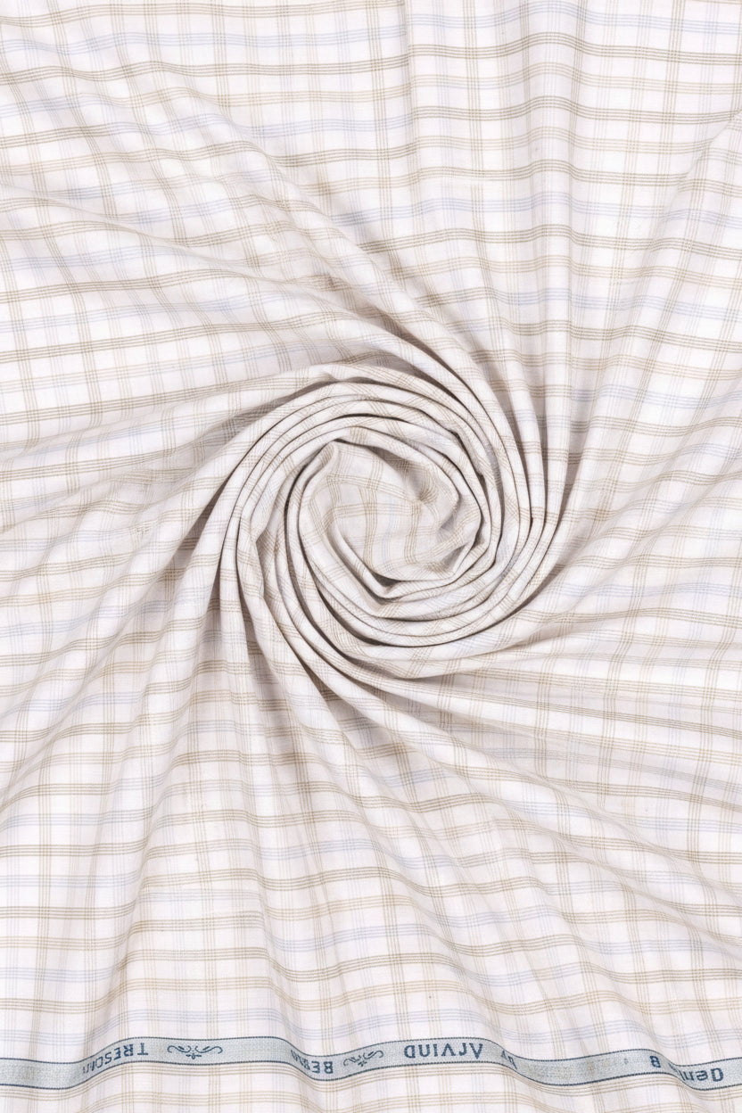 Brown and white checked cotton shirt fabric by ARVIND Tresca, featuring a premium quality cotton material and classic checkered pattern.
