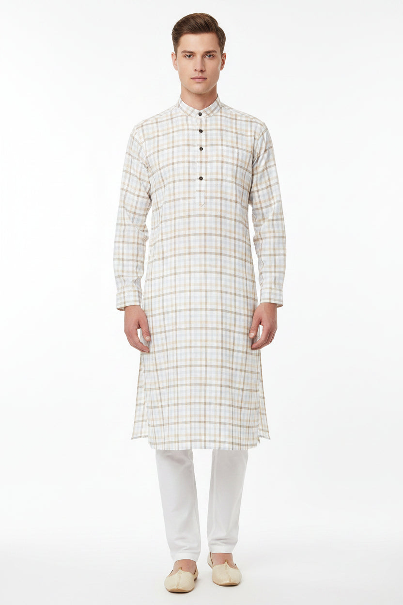 Brown checkered Arvind Tresca cotton shirt fabric with white background, premium quality textile for shirt making.