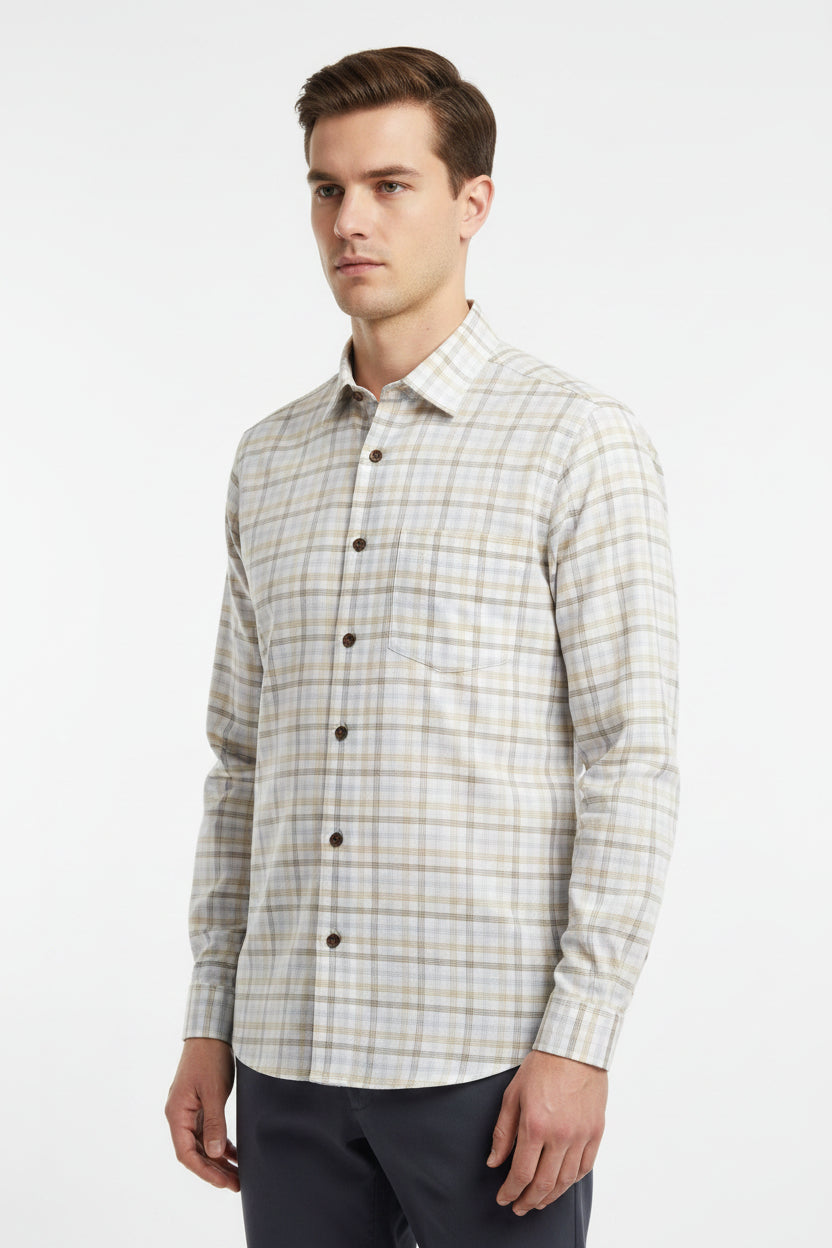 readymade shirt Checkered fabric with on a beige and white checkered pattern