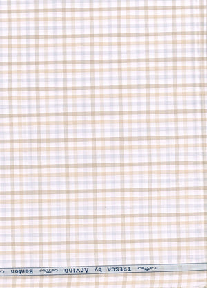 Brown and white checkered cotton shirt fabric by ARVIND Tresca, showing a close-up of the premium textured cotton material.
