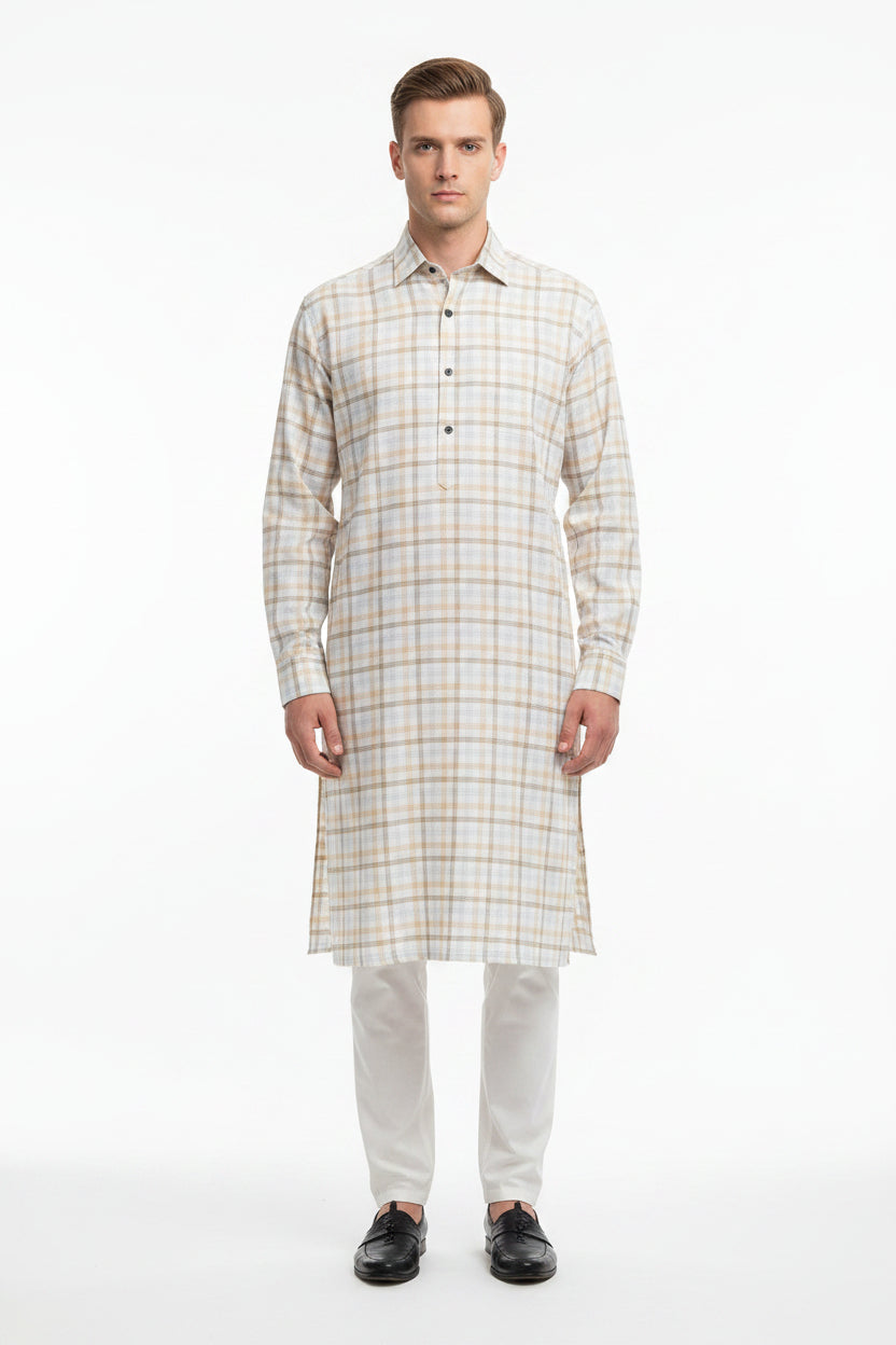 readymade kurta Checkered fabric with on a beige and white checkered pattern