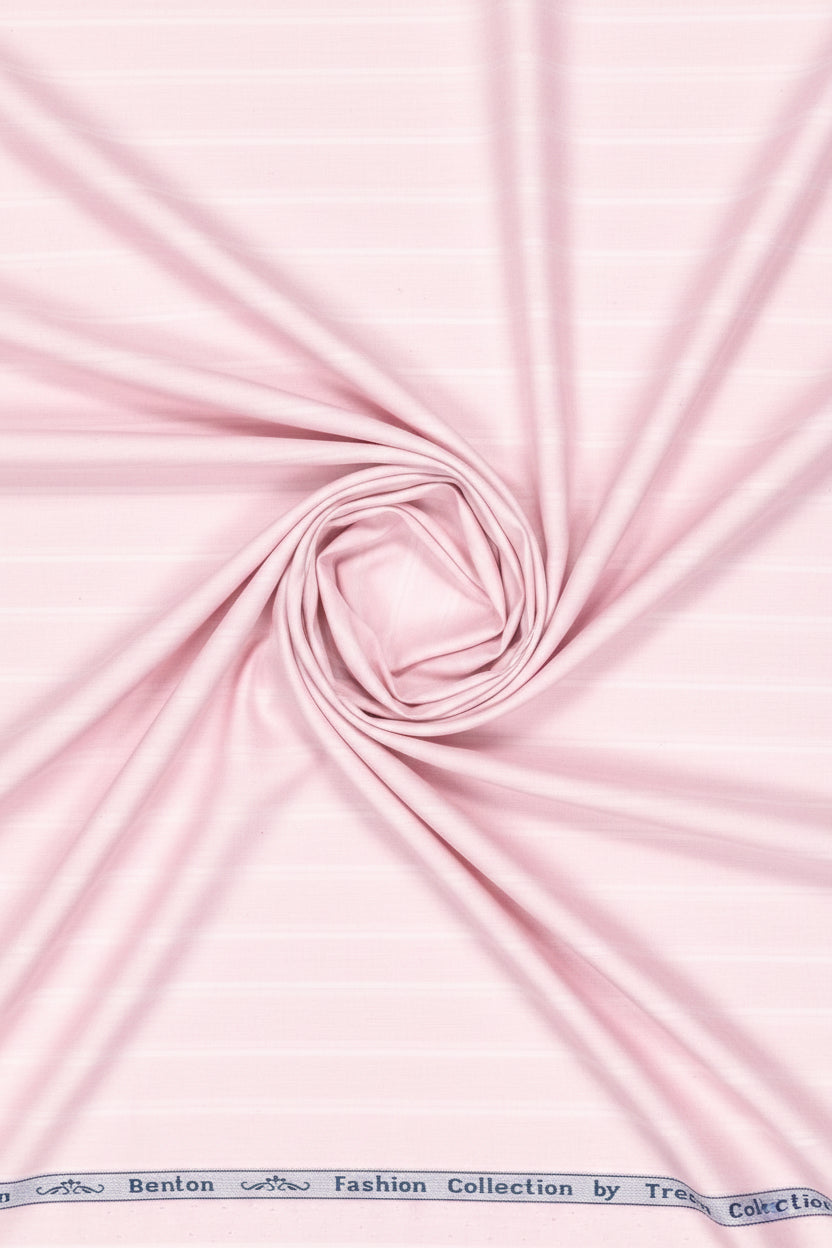 Pink fabric swatch with a visible brand label at the bottom.