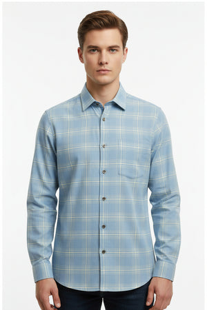 Steel blue Arvind Tresca shirt fabric with check pattern made from Giza cotton, showcasing soft, high-quality woven textile.