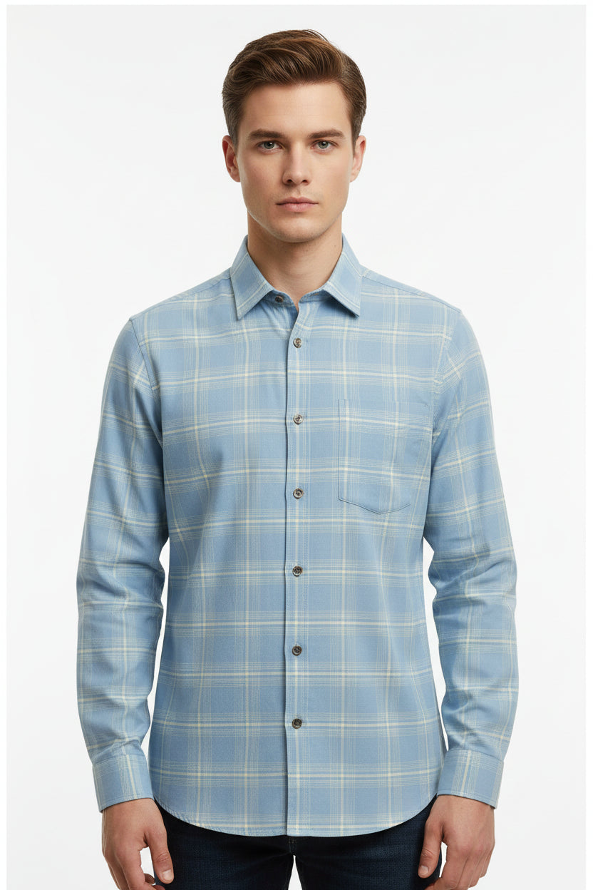Steel blue Arvind Tresca shirt fabric with check pattern made from Giza cotton, showcasing soft, high-quality woven textile.