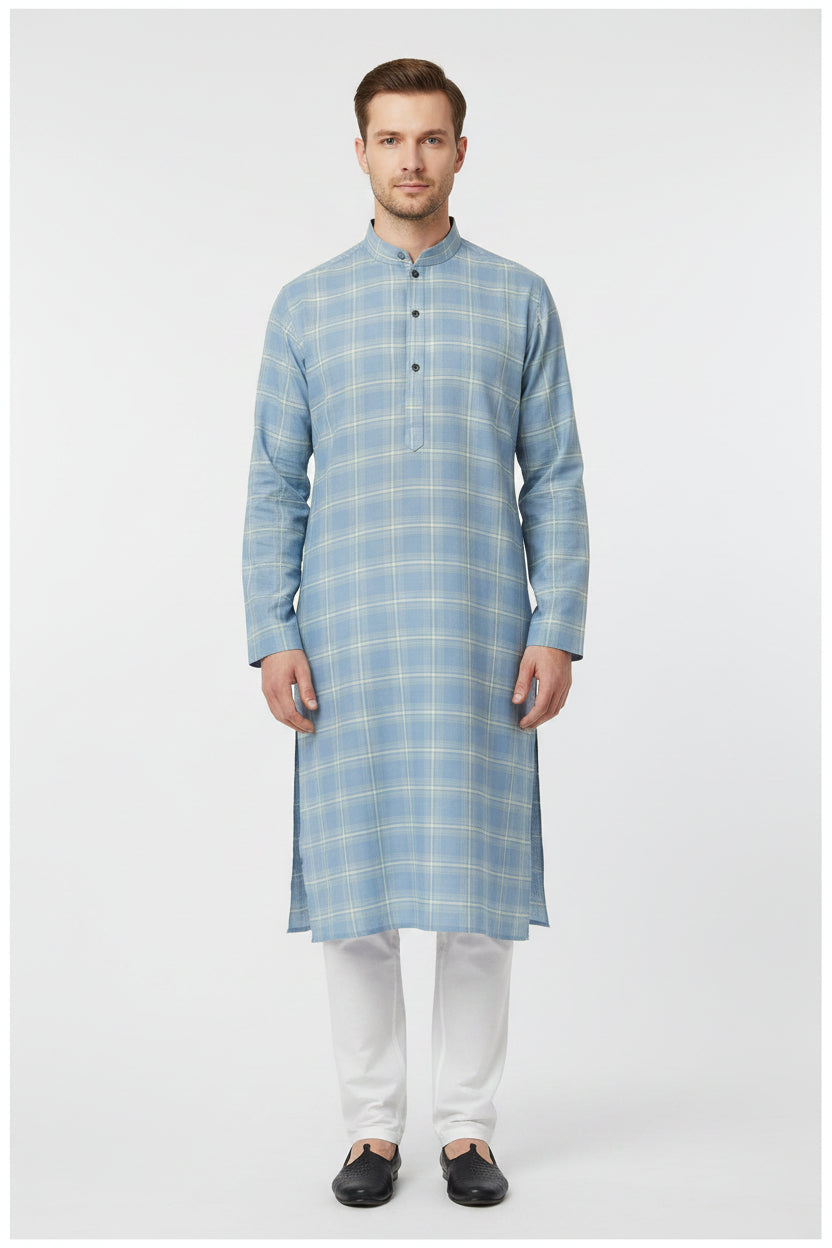 Steel blue Arvind Tresca Giza cotton shirt fabric with checkered pattern, showcasing soft cotton texture and detailed weave.