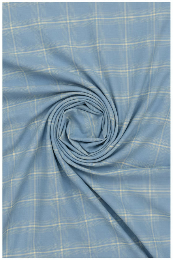 Steel blue Arvind Tresca shirt fabric in Giza cotton with check pattern, showcasing a close-up of the textured textile.