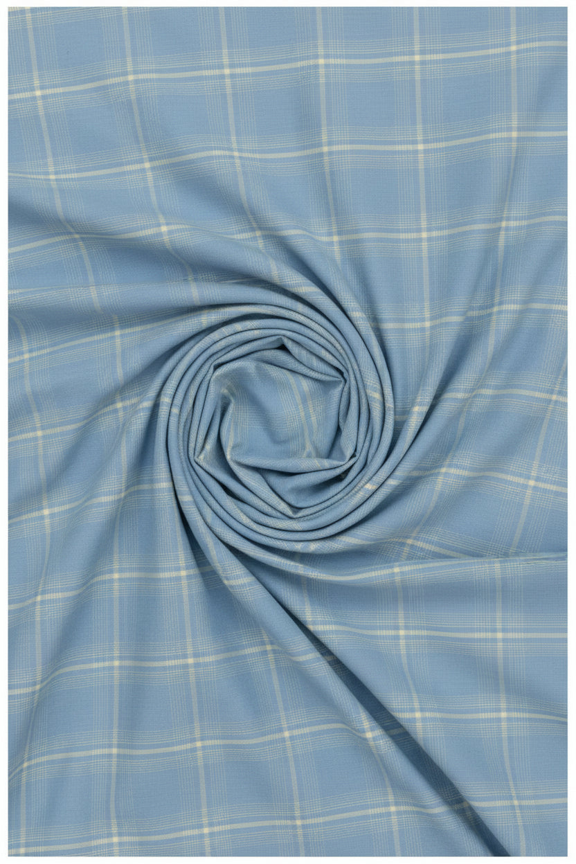 Steel blue Arvind Tresca shirt fabric in Giza cotton with check pattern, showcasing a close-up of the textured textile.