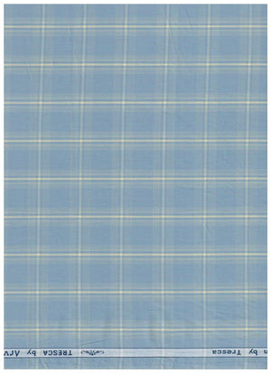 Steel blue Arvind Tresca shirt fabric with check pattern, made from Giza cotton, shown in close-up detail.