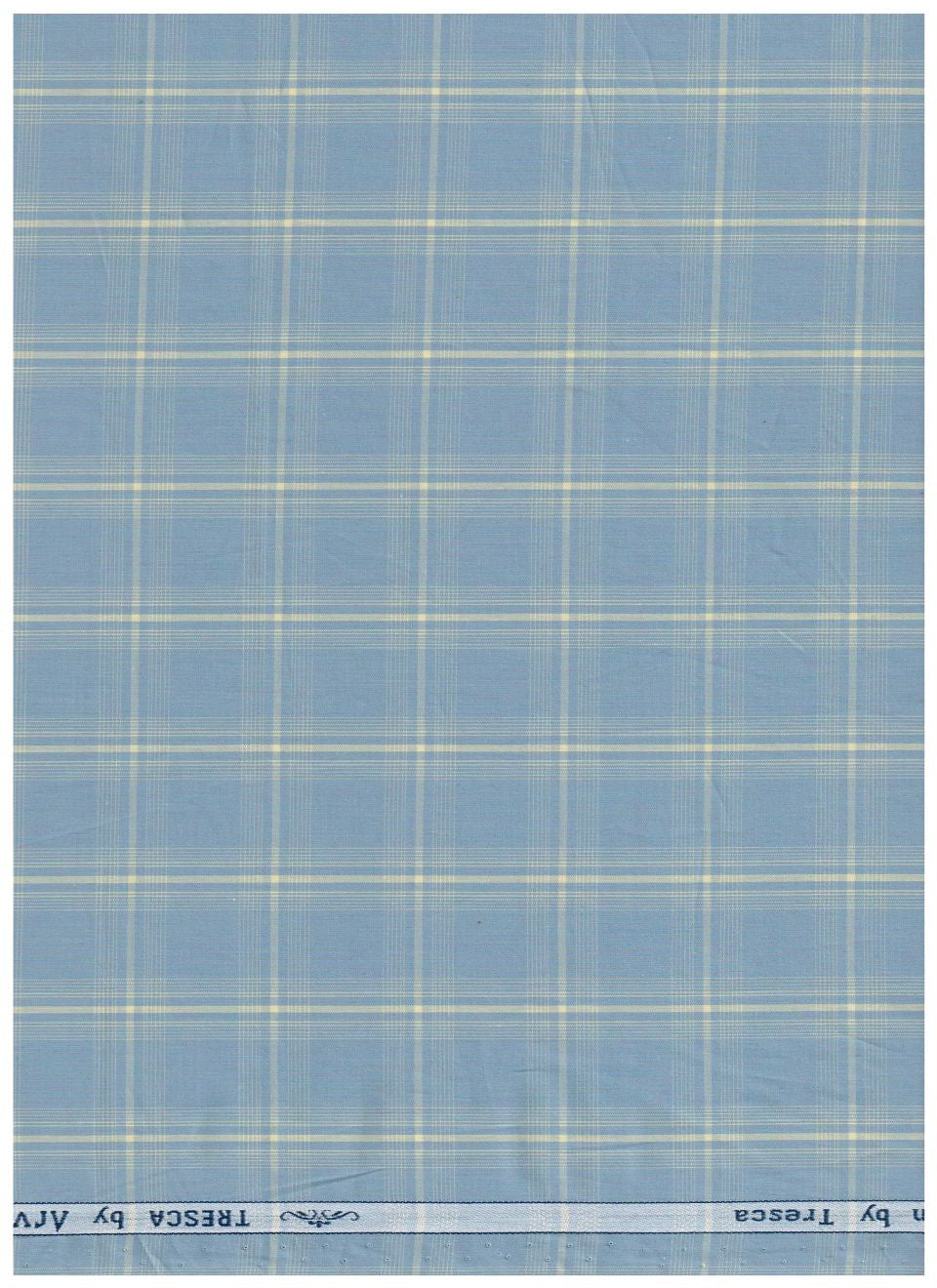 Steel blue Arvind Tresca shirt fabric with check pattern, made from Giza cotton, shown in close-up detail.