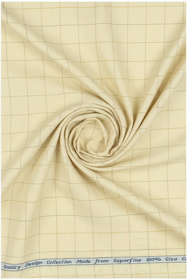 Yellow Arvind Tresca shirt fabric in Giza cotton with checkered pattern, showcasing the detailed textile design.