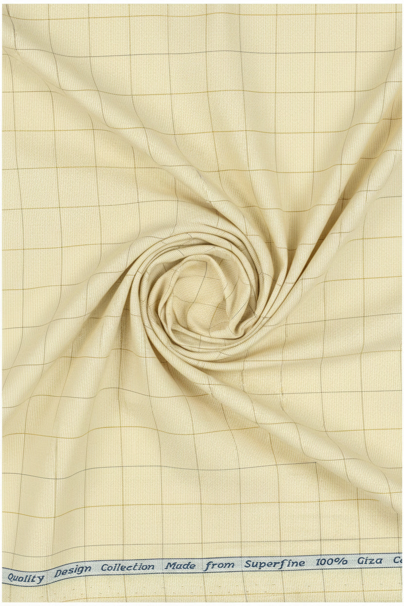 Yellow Arvind Tresca shirt fabric in Giza cotton with checkered pattern, showcasing the detailed textile design.