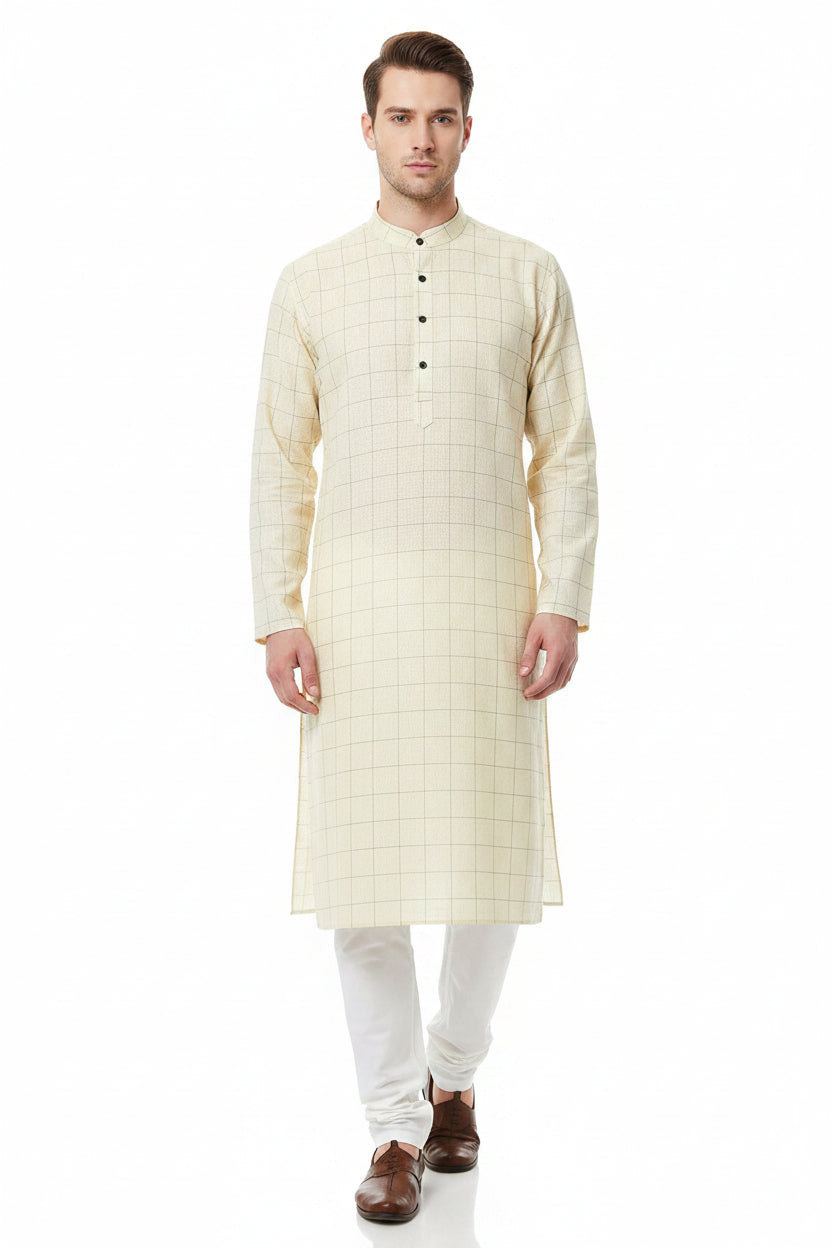 Yellow Arvind Tresca shirt fabric made of Giza cotton with check pattern, ideal for stylish shirts and tailored garments.