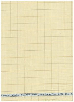Yellow Arvind Tresca shirt fabric with Giza cotton and check pattern, showing close-up of the textile texture and design.