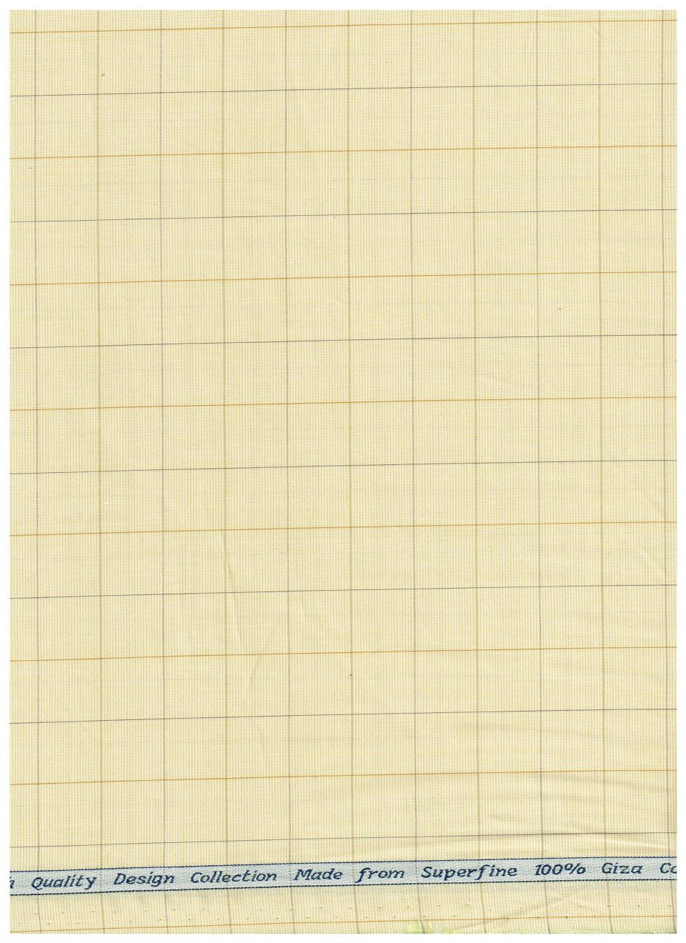 Yellow Arvind Tresca shirt fabric with Giza cotton and check pattern, showing close-up of the textile texture and design.