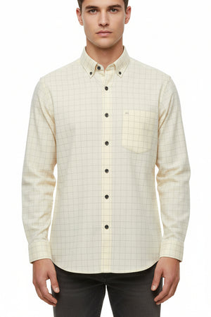 Yellow Arvind Tresca shirt fabric made of Giza cotton with check pattern, ideal for stylish shirts or garments.