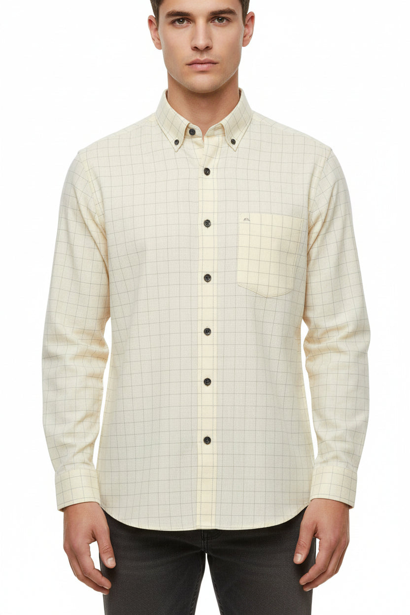 Yellow Arvind Tresca shirt fabric made of Giza cotton with check pattern, ideal for stylish shirts or garments.