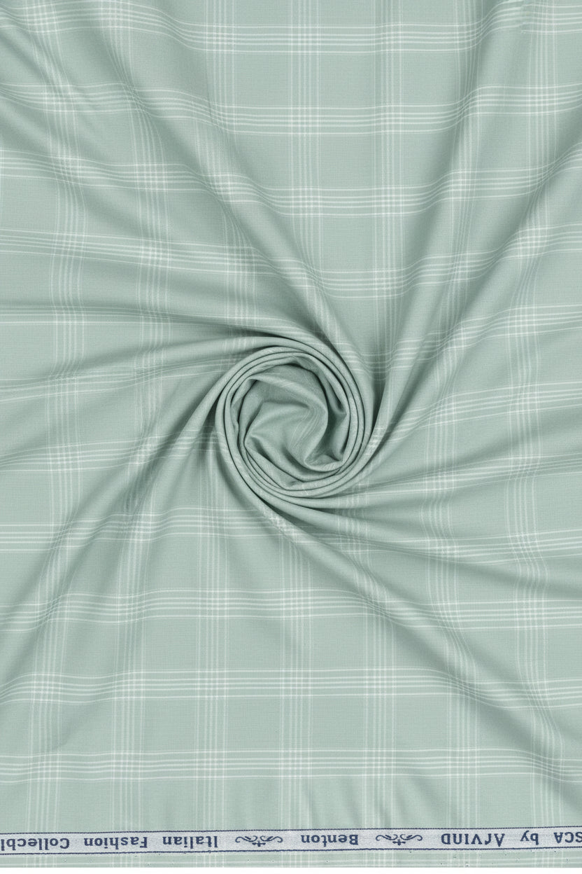 Mint green Arvind Tresca shirt fabric with check pattern, made of premium cotton for stylish, high-quality clothing.