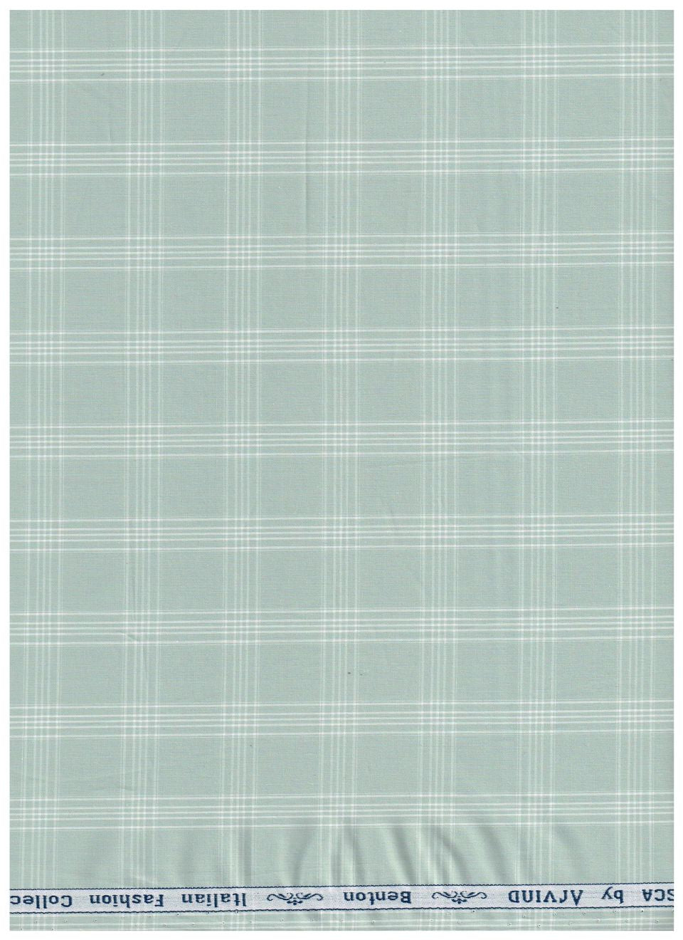 Mint green Arvind Tresca shirt fabric with check pattern, premium cotton material, close-up view of the textile design.
