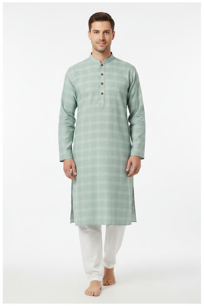 Mint green Arvind Tresca cotton shirt fabric with check pattern, showcasing soft, premium cotton material and detailed woven design.