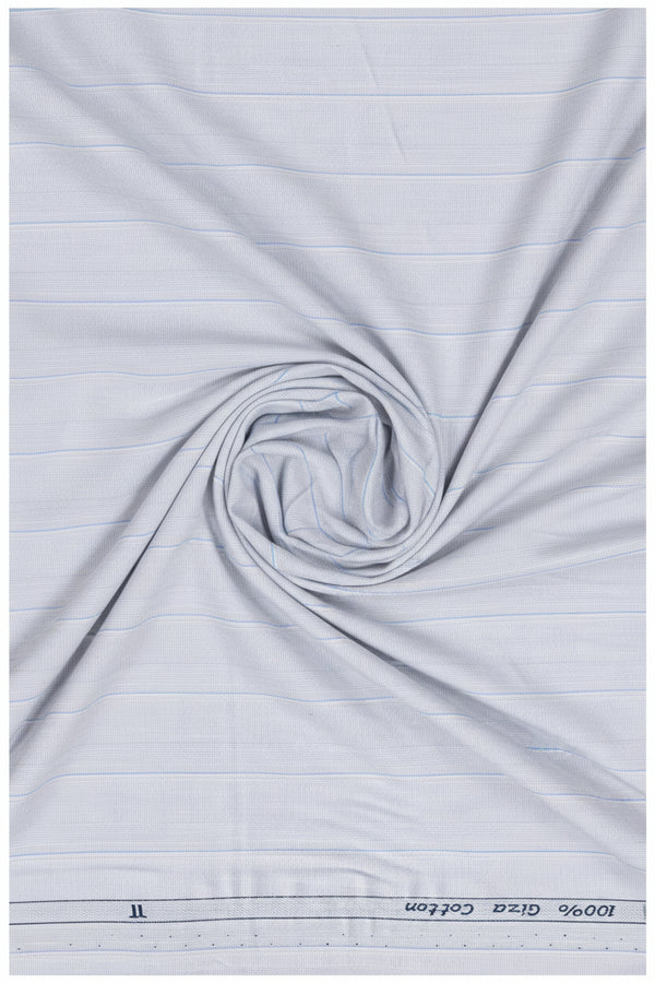 Powder blue Arvind Tresca shirt fabric in premium cotton with striped pattern, suitable for making stylish shirts.