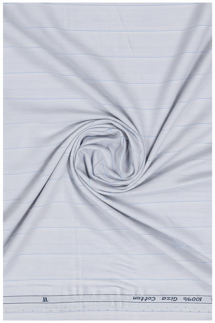 Powder blue Arvind Tresca shirt fabric in premium cotton with striped pattern, suitable for making stylish shirts.