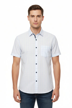 Powder blue Arvind Tresca shirt fabric with striped pattern, premium cotton material, suitable for tailoring or shirt making.