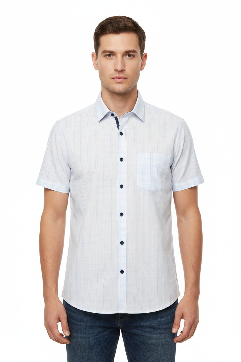 Powder blue Arvind Tresca shirt fabric with striped pattern, premium cotton material, suitable for tailoring or shirt making.