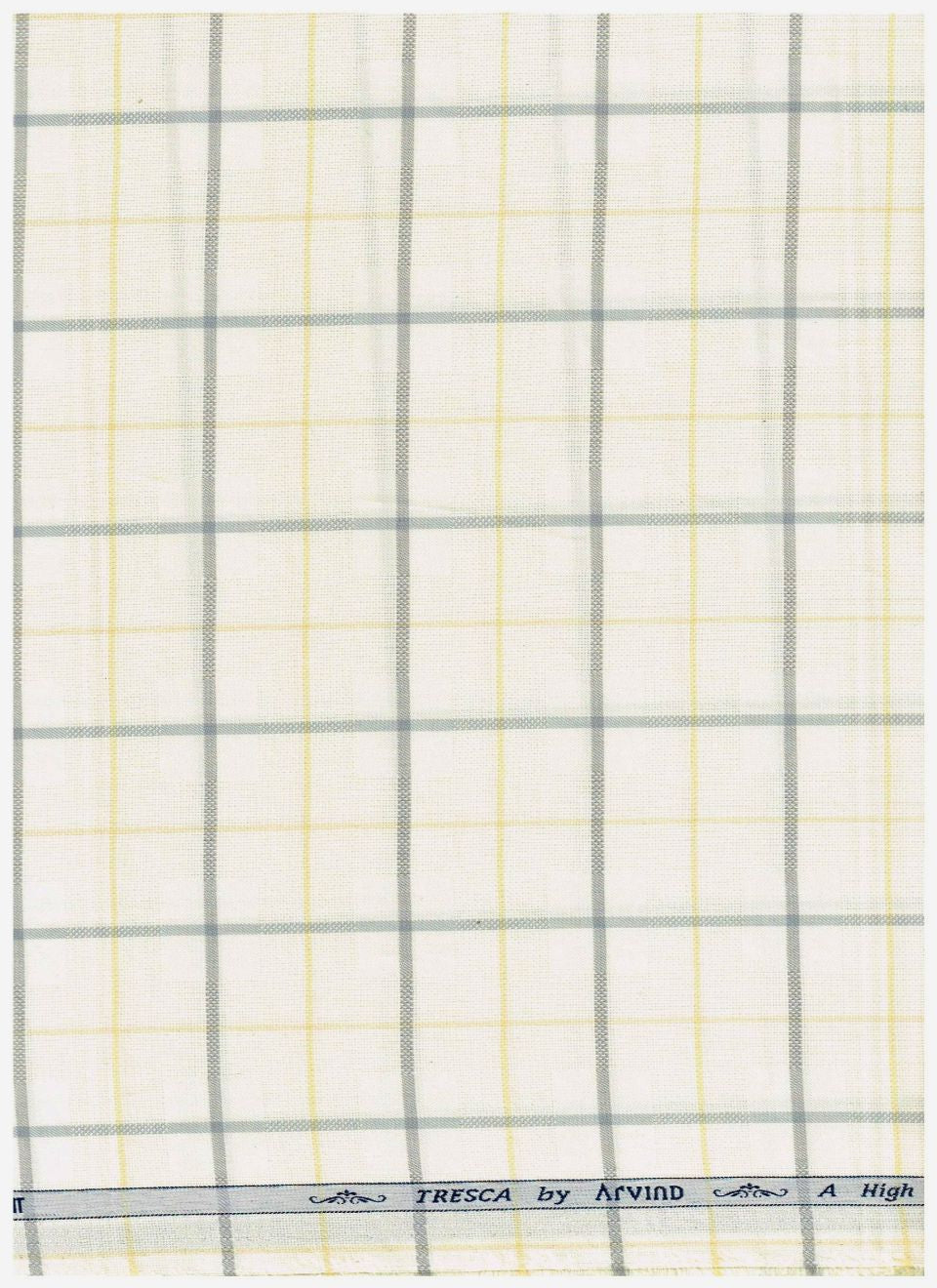 Yellow Arvind Tresca shirt fabric with check pattern, made of premium cotton, showcasing a close-up of the textile design.