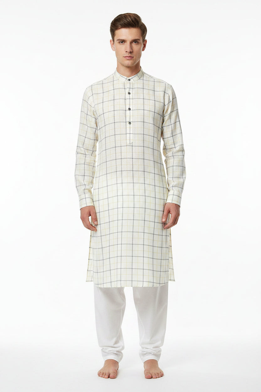 Yellow Arvind Tresca shirt fabric featuring premium cotton with checkered pattern, ideal for stylish shirt designs.