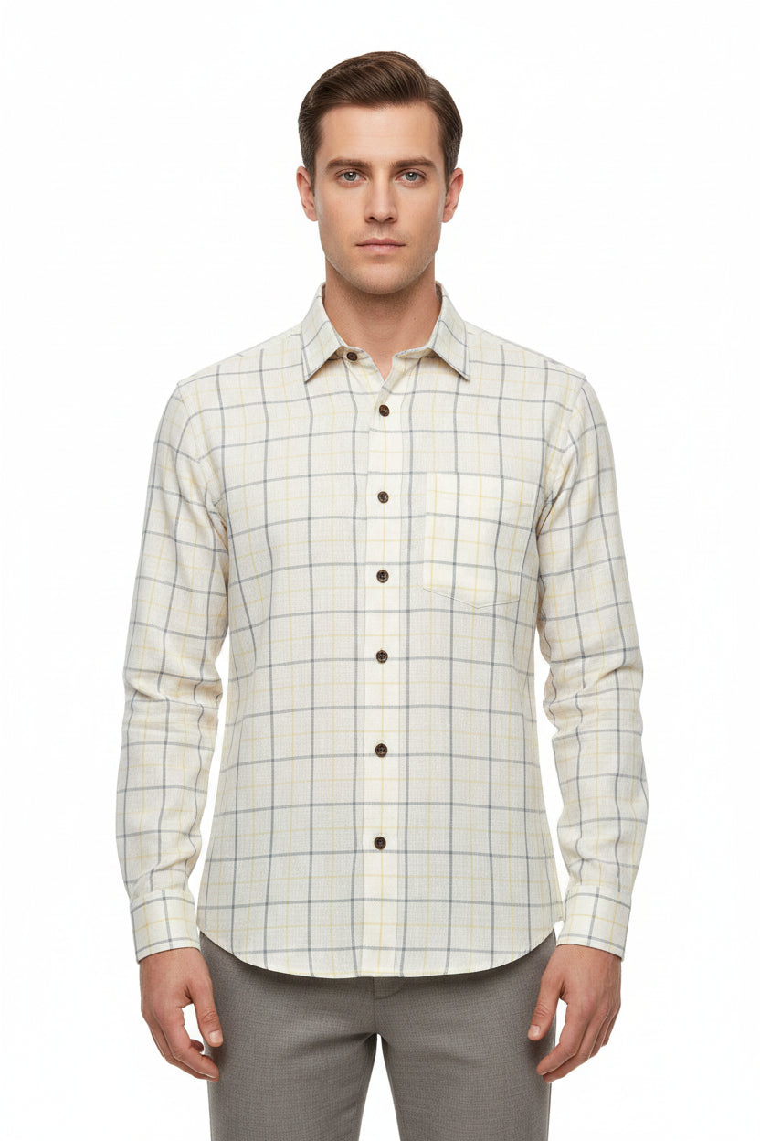 Yellow Arvind Tresca shirt fabric with check pattern, premium cotton material, suitable for shirt making.