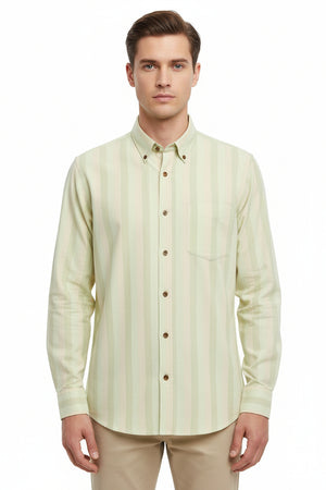 Khaki multicolor stripe Arvind Tresca Giza cotton shirt fabric, close-up of textured striped textile pattern.