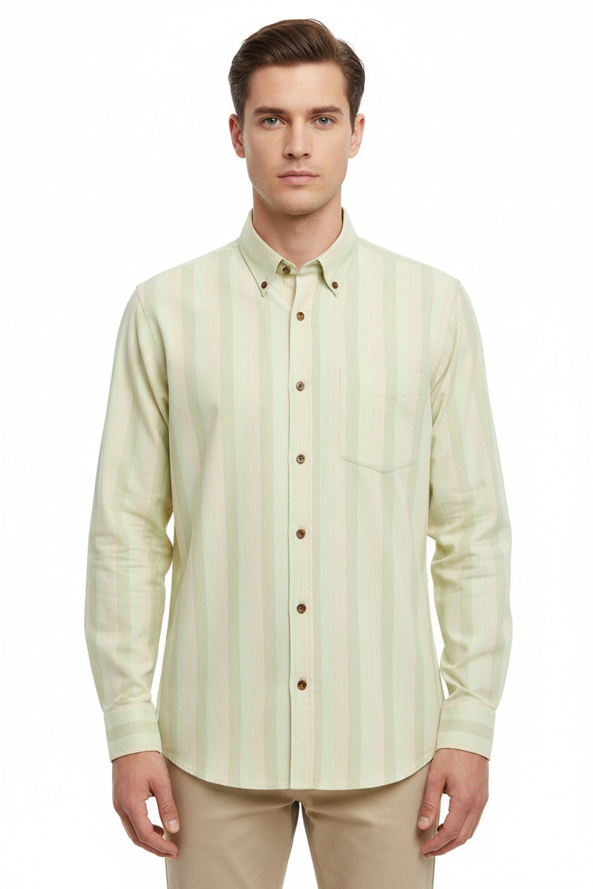 Khaki multicolor stripe Arvind Tresca Giza cotton shirt fabric, close-up of textured striped textile pattern.