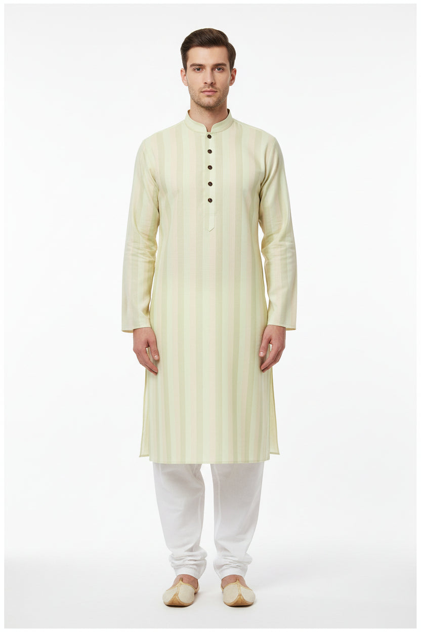 Arvind Tresca Giza Cotton shirt fabric in khaki multicolor stripe pattern, showcasing soft, high-quality cotton textile.