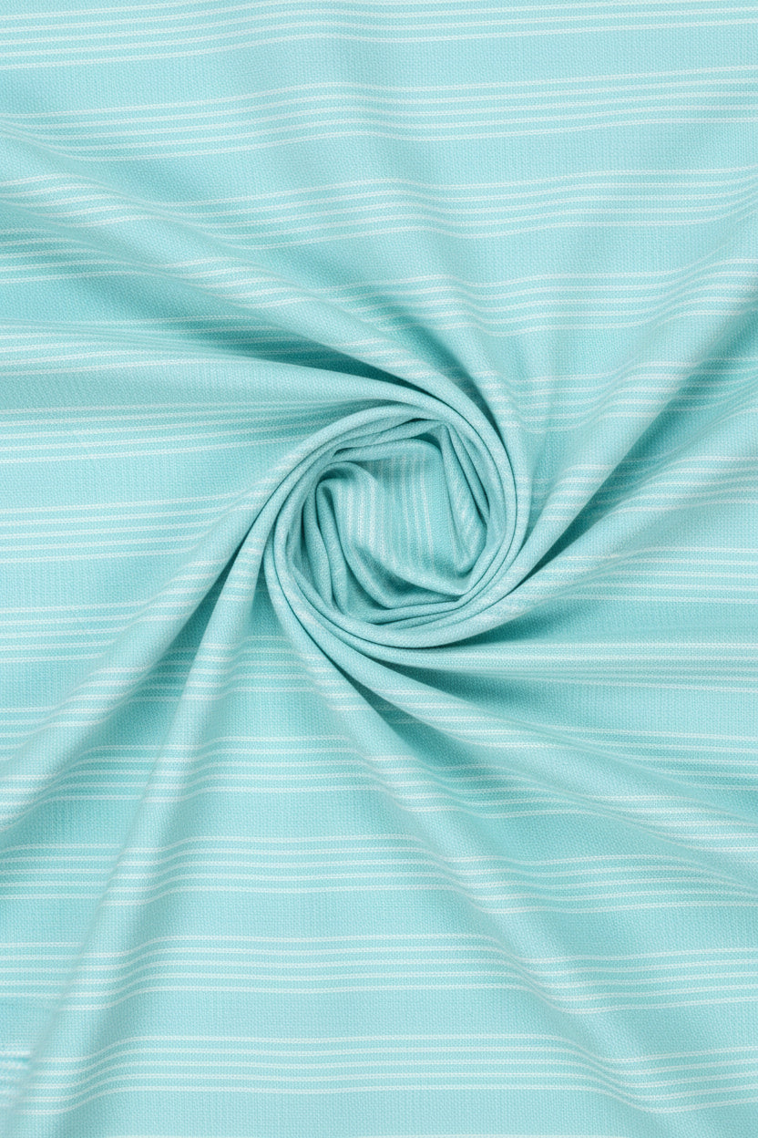 Turquoise blue Arvind Tresca cotton striped unstitched shirting fabric, suitable for shirts and clothing projects.