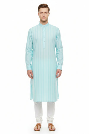Turquoise blue Arvind Tresca cotton striped unstitched shirting fabric shown in a handheld image.