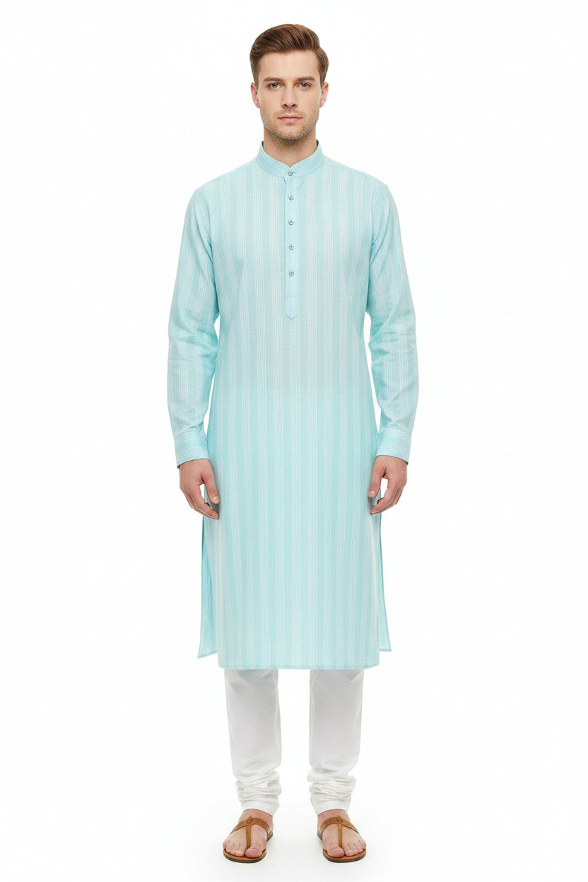 Turquoise blue Arvind Tresca cotton striped unstitched shirting fabric shown in a handheld image.