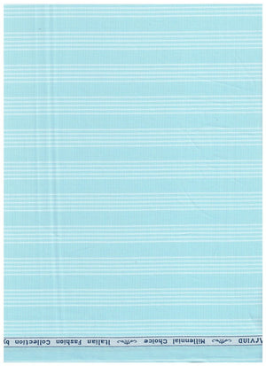 Turquoise blue Arvind Tresca cotton striped unstitched shirting fabric shown in a handheld image.