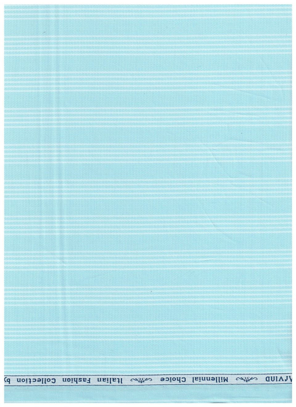 Turquoise blue Arvind Tresca cotton striped unstitched shirting fabric shown in a handheld image.