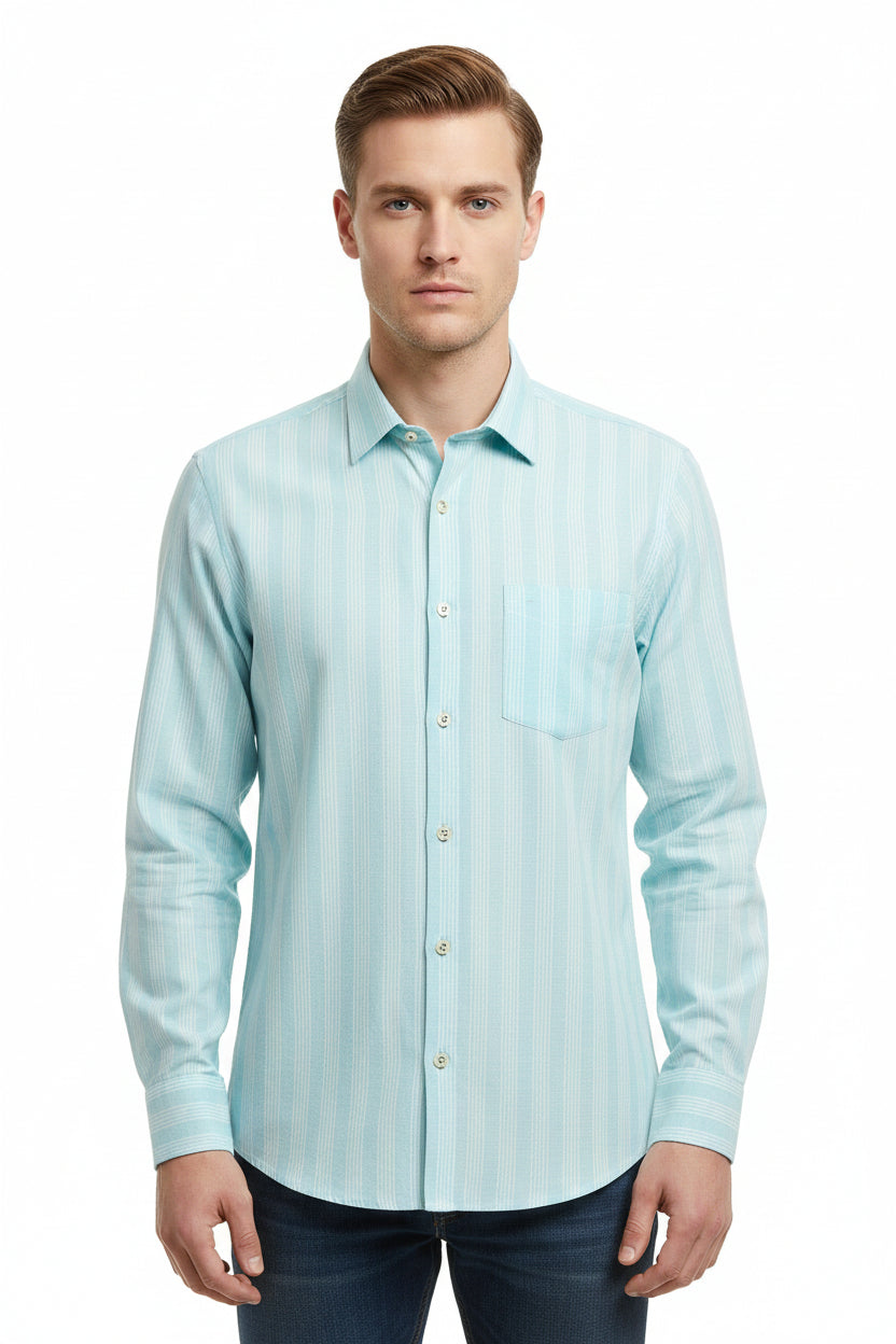 Turquoise blue Arvind Tresca cotton striped unstitched shirting fabric shown in a handheld image.