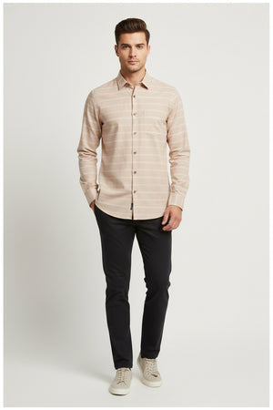 Arvind Tresca shirt fabric in khaki with white and dark brown stripes, premium cotton material, close-up of striped textile pattern.
