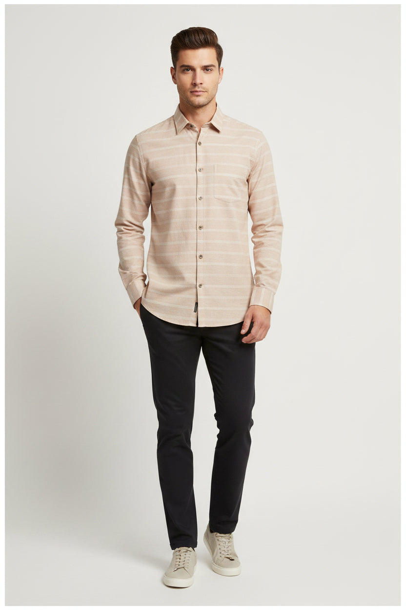 Arvind Tresca shirt fabric in khaki with white and dark brown stripes, premium cotton material, close-up of striped textile pattern.
