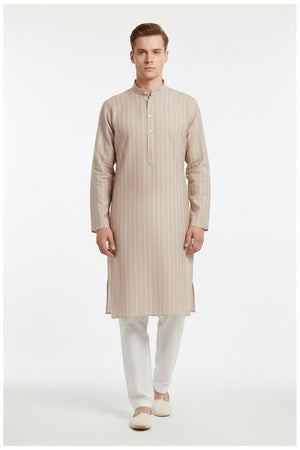 Striped khaki Arvind Tresca shirt fabric made of premium cotton, shown in close-up with visible texture and pattern.