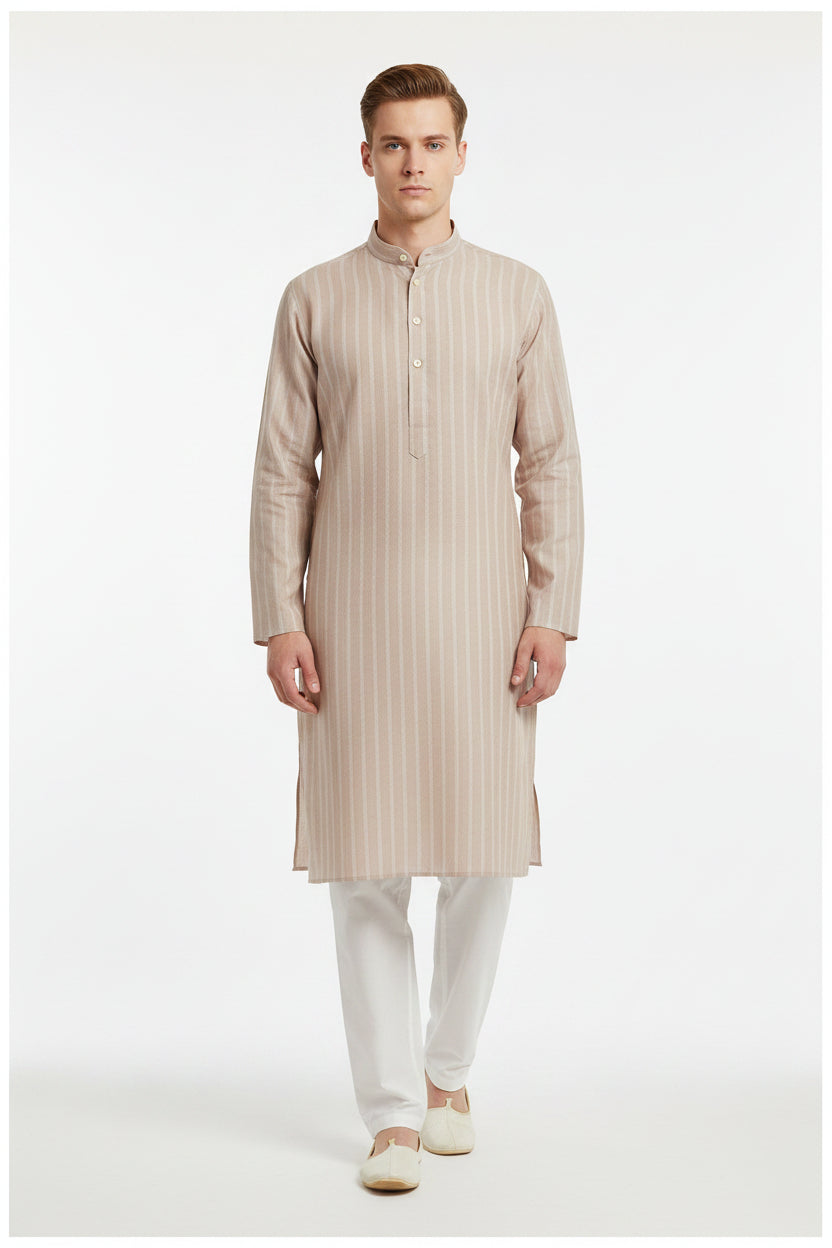 Striped khaki Arvind Tresca shirt fabric made of premium cotton, shown in close-up with visible texture and pattern.