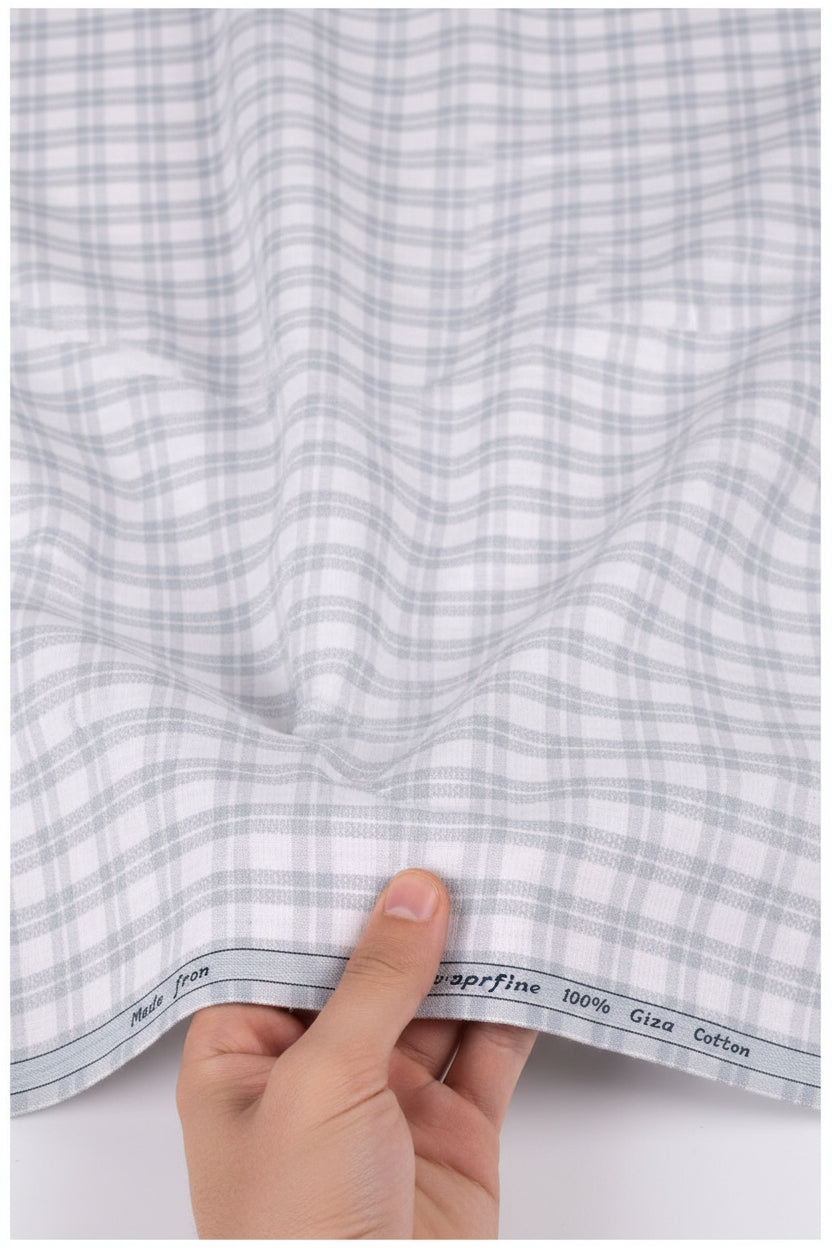 Grey checkered Arvind Tresca cotton unstitched shirting fabric on white background, showcasing fabric texture and pattern.