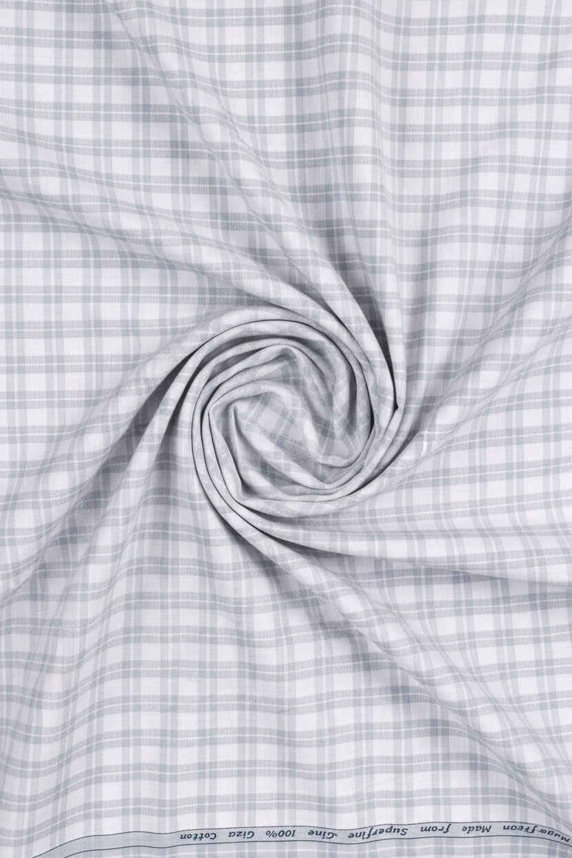 Grey and white checkered Arvind Tresca cotton shirt fabric, premium quality textile with a classic pattern.