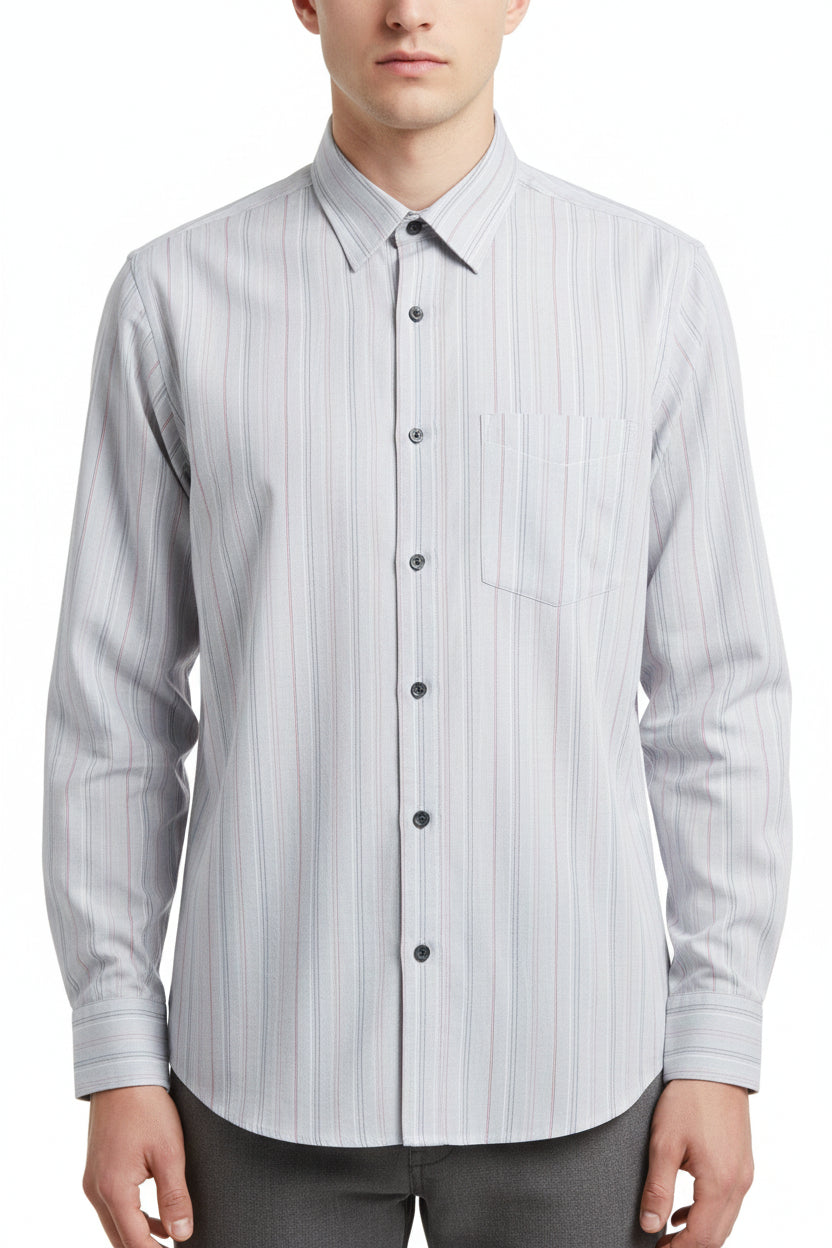 Arvind Tresca cotton unstitched shirting fabric with pink and black stripes on grey background, suitable for custom shirts.