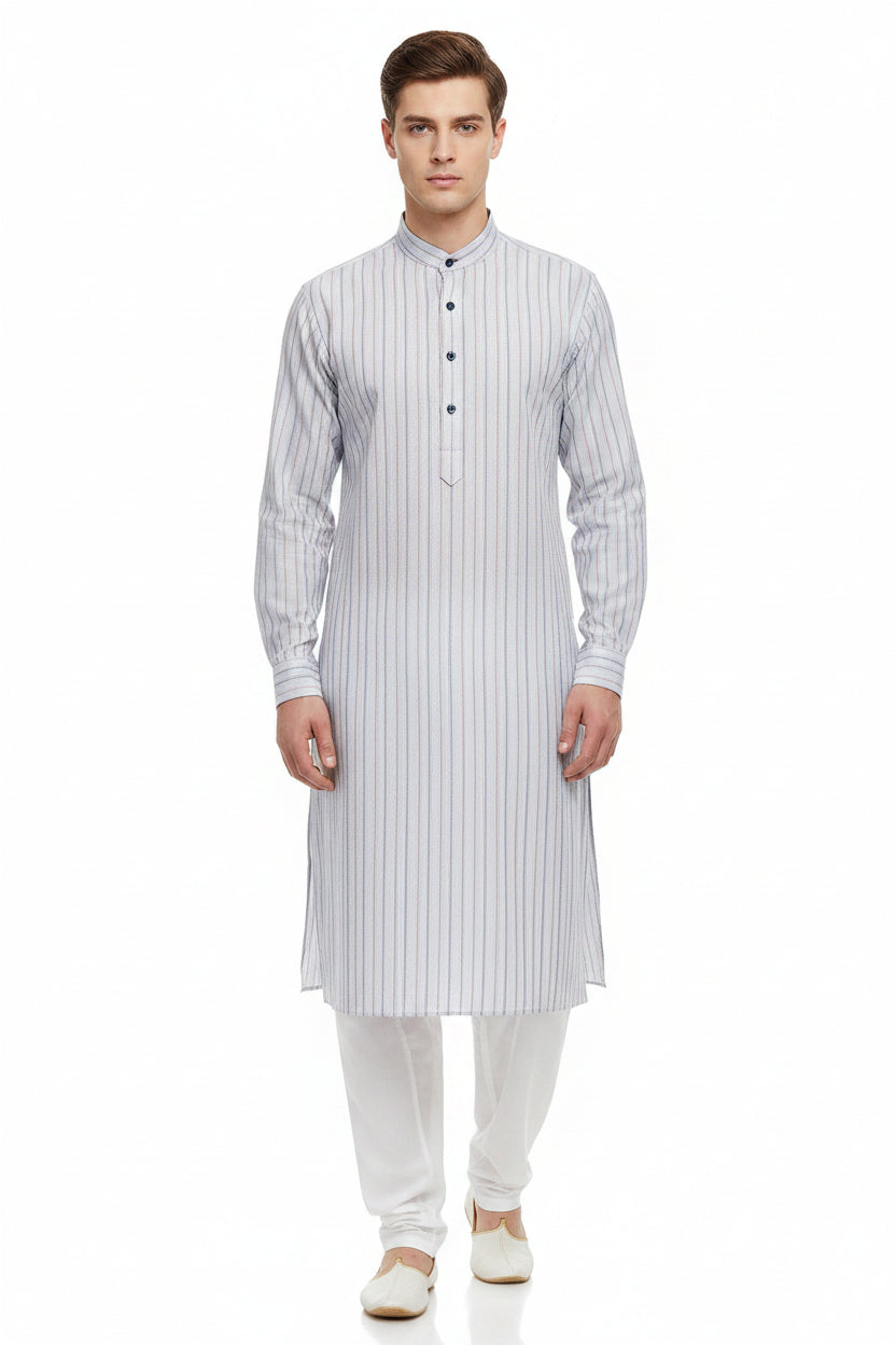 Arvind Tresca cotton unstitched shirting fabric with pink and black stripes on grey background, suitable for custom shirts.