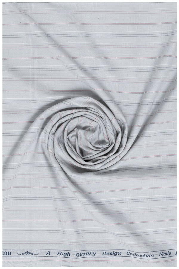 Arvind Tresca shirt fabric with pink and black stripes on grey background, premium cotton material, close-up view of the textile pattern.